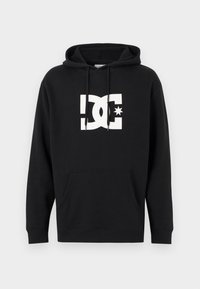Black hoodie made of cotton blend material featuring a white DC logo on the front. Includes a kangaroo pocket and drawstring hood.