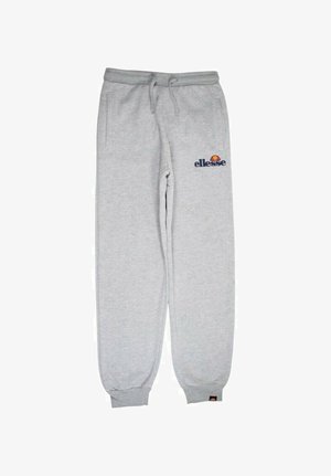 Pantalon de survêtement gris en mélange de coton avec taille élastique, poches latérales et logo "ellesse" brodé en bleu marine et orange.