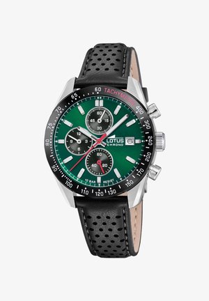 Orologio cronografico Lotus con quadrante verde, cassa in acciaio inossidabile, cinturino in pelle nera texturizzata, tre sotto-quadranti e scala tachimetrica.