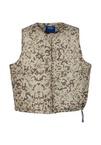 Gepolsterte Weste in einem beige-braunen Tarnmuster, mit einem Reißverschluss vorne, runder Ausschnitt und verstellbarem Kordelzug am unteren Ende.