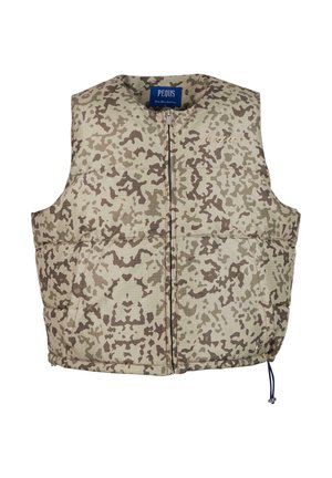 Gilet imbottito in un motivo camouflage beige e marrone, con zip frontale, scollatura rotonda e cordino regolabile nella parte inferiore.