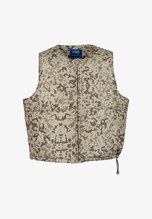 Beige és barna álcázó mintázatú párnázott mellény, elülső cipzárral, kerek nyakkivágással és állítható húzózsinórral az alján.