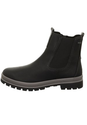 Schwarzer Leder-Stiefelette mit elastischen Seiten, strukturierter Oberfläche und einer grauen Gummisohle mit einem profilierten Muster für besseren Halt.