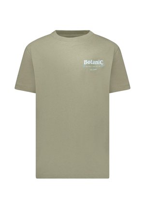 Lichtolijfgroene katoenen t-shirt met korte mouwen, een ronde hals en een blauwe tekstprint aan de voorkant.