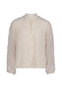 Samtfarbene Langarmbluse mit strukturierter, fransiger Oberfläche. Verfügt über einen Notch-Kragen und drei dekorative Knöpfe an der Vorderseite.