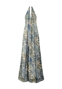 Vestido largo con diseño de cuello halter, que presenta un patrón floral y de paisley en verde, azul y crema. Confeccionado en tejido ligero.