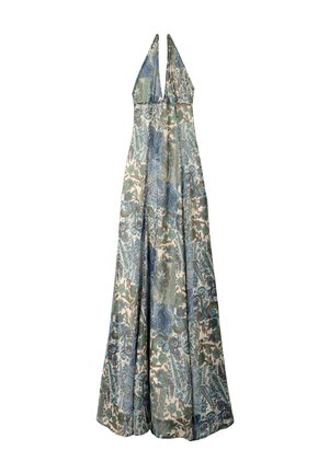 Vestido largo con diseño de cuello halter, que presenta un patrón floral y de paisley en verde, azul y crema. Confeccionado en tejido ligero.