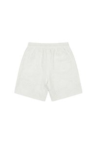 Shorts à taille élastique blanche avec broderie florale et une seule poche arrière du côté droit, présentés à plat sur un fond blanc.