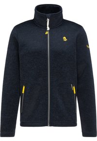 Veste polaire marine avec col montant, fermeture éclair avant complète, fermetures éclair à accents jaunes et logo sur la poitrine gauche ; tissu texturé.