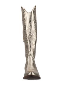 Botas de vaquero plateadas metálicas con punta afilada, costuras decorativas y un caña alta; cuentan con una cremallera en el lado para facilitar su uso.