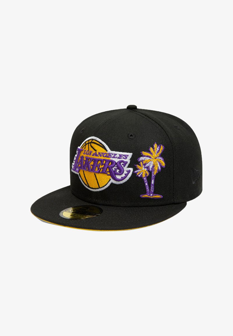 Black baseball cap with embroidered Los Angeles Lakers logo, yellow basketball, and purple palm tree design on front. Flat brim style.