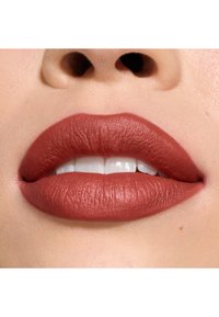 Rossetto terracotta opaco applicato su labbra piene con texture visibile e contorni definiti, su uno sfondo di tono della pelle neutro.