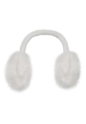 Soft white fluffy earmuffs connected by a padded band designed for ear warmth in cold weather.