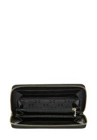 Czarny skórzany portfel ze złotym zamkiem, z wieloma miejscami na karty, zasuwaną przegródką na monety oraz teksturowanym wnętrzem.