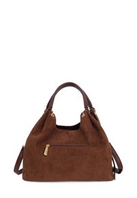 Borsa a tracolla in suede marrone con un design spazioso, manici superiori doppi, tracolla regolabile marrone e una tasca frontale con zip e dettagli in oro.