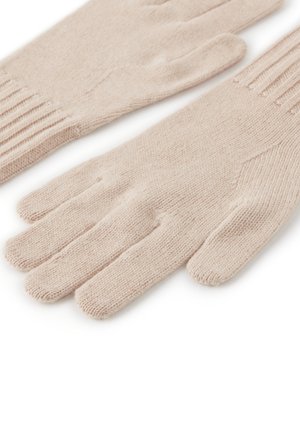 Guanti lavorati a maglia di colore rosa chiaro con cinque dita, polsini a coste e motivo tessile strutturato, progettati per calore e comfort.