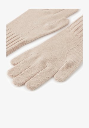 Guanti lavorati a maglia di colore rosa chiaro con cinque dita, polsini a coste e motivo tessile strutturato, progettati per calore e comfort.