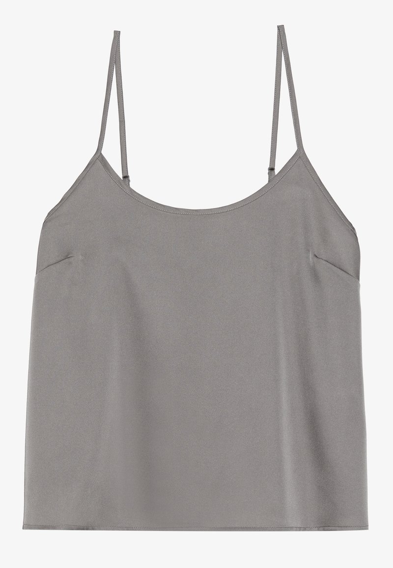Débardeur en soie grise avec des bretelles fines, un décolleté en scoop et une coupe décontractée. Texture lisse sans motifs ni embellissements.