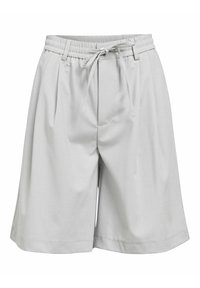 Pantaloni corti grigi chiari con vita elastica e laccetto. Caratterizzati da gambe ampie, pieghe davanti e un tessuto liscio e leggero.