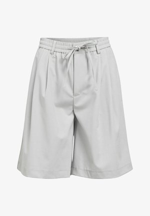 Svijetlosive kratke hlače s elastičnim pojasom i vezicom. Imaju široke nogavice, nabore sprijeda i glatku, laganu tkaninu.