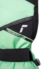 Green waterproof gloves featuring a sleek design with black accents, textured fabric, and a prominent "100% WATERPROOF" label.