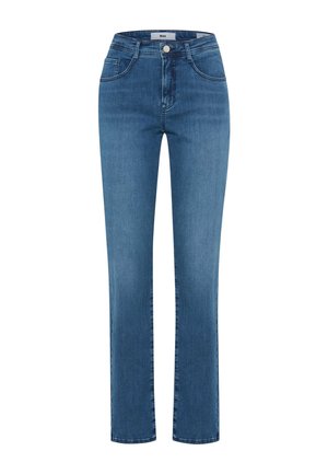 Blaue Jeans mit geradem Bein, Frontknopf- und Reißverschluss, Gürtelschlaufen und Vordertaschen vor weißem Hintergrund.