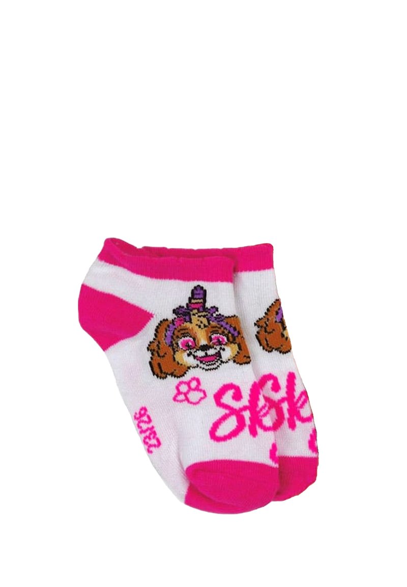 Chaussettes mi-mollet roses et blanches avec un motif de chien, représentant un personnage de dessin animé, une empreinte de patte et un texte en rose vif près des orteils.