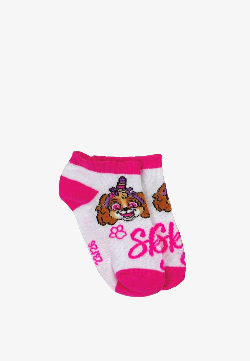 Calzini a rete rosa e bianchi con una grafica di un cane, featuring un personaggio dei cartoni animati, un'impronta di zampa e testo in un vivace rosa vicino alla punta.