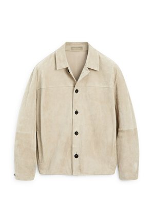 Beige suede jacket with a collar, front button closure, and side pockets. Features a smooth texture and relaxed fit, minimalistic design.