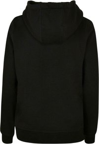 Black hooded sweatshirt with a simple design, featuring a soft texture and ribbed cuffs. The back displays no visible graphics or patterns.