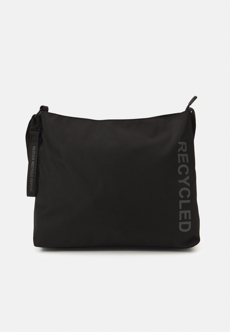 Pochette rectangulaire noire zippée avec le texte "RECYCLED" sur le côté et détail de sangle "REDUCE RECYCLE REPEAT".