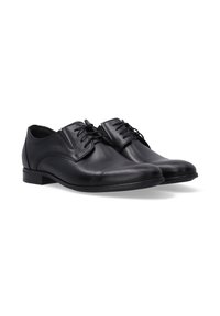 Zwarte leren schoenen met een gladde textuur, ronde neus en vetersluiting. Heeft een lage hak en subtiele stiksels op de bovenkant.