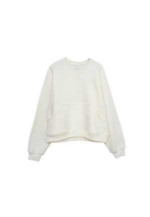 Kremowa bluza z długim rękawem, okrągłym dekoltem, przednią kieszenią kangurka oraz ściągaczami na rękawach i u dołu.