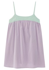 Robe sans manches à rayures avec un bustier vert menthe et des rayures verticales lavande et blanches sur la jupe, confectionnée en tissu léger.