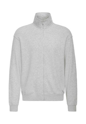 Hellgrauer Sweatshirt mit Reißverschluss aus weichem Stoff, mit hohem Kragen, langen Ärmeln und gerippten Bündchen und Saum für eine figurbetonte Passform.