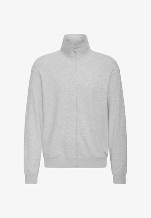 Lys grå zip-up genser laget av mykt stoff, med høy krage, lange ermer og ribbestrikkede mansjetter og kant for en tettsittende passform.