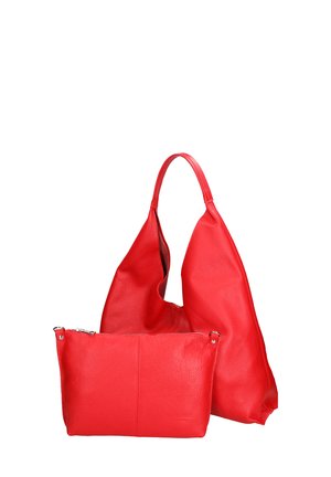 Rote Leder-Umhängetasche mit strukturierter Oberfläche und großem, lässigem Design. Enthält ein kleineres passendes Reißverschlussetui.