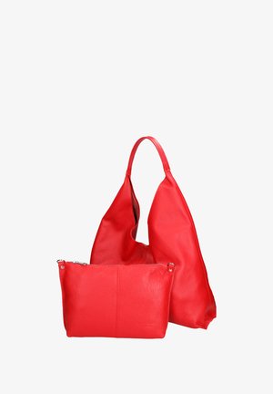Borsa a tracolla in pelle rossa con finitura texturizzata e un design grande e morbido. Include una pochette zip coordinata più piccola.