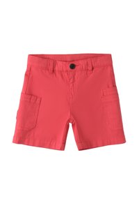 Coralowe szorty wykonane z lekkiego materiału, z paskiem w talii na guzik, dwiema bocznymi kieszeniami oraz gładkim, luźnym krojem.