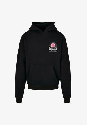 Black hoodie made of soft fabric, featuring a front pocket and a colorful graphic design with a sun and waves on the chest.