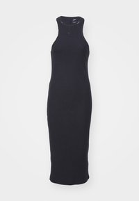 Black ribbed knit sleeveless dress with a high neckline, fitted silhouette, and a logo accent near the neckline. Smooth texture.
