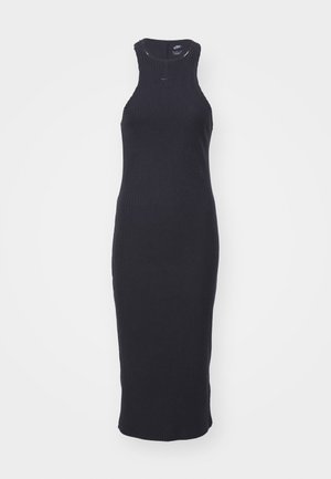 Black ribbed knit sleeveless dress with a high neckline, fitted silhouette, and a logo accent near the neckline. Smooth texture.