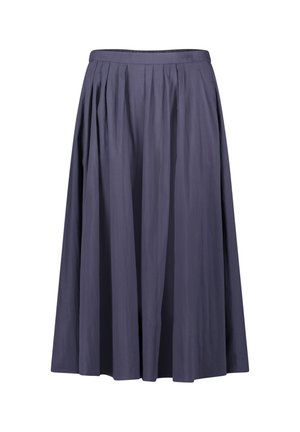 Dunkelblauer, plissierter Midirock mit tailliertem Bund, fließendem Stoff und leicht ausgestellter Silhouette.