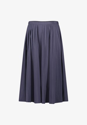 Dunkelblauer, plissierter Midirock mit tailliertem Bund, fließendem Stoff und leicht ausgestellter Silhouette.