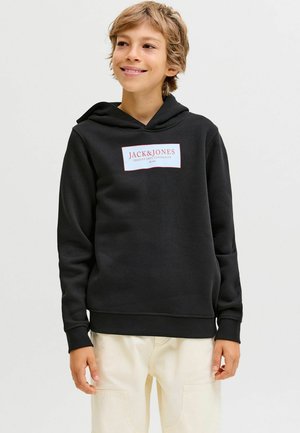 Haut à capuche noir en mélange de coton, avec un logo appliqué à l'avant en rouge et blanc avec une finition texturée. Manches et ceinture ajustées.