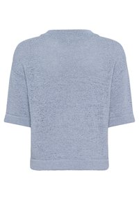 Pull en tricot bleu clair à manches courtes, col rond et coupe décontractée. La texture semble douce et respirante.