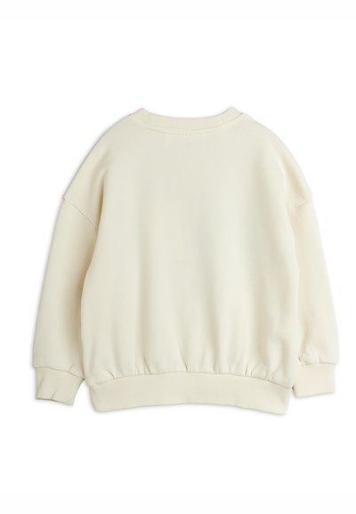 Sweatshirt de culoare crem, cu decolteu rotund, umeri lăsați și manșete și tiv din tricot. Material moale, texturat, cu o croială lejeră.