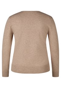 Beige gestrickter Pullover mit langenÄrmeln, einem runden Kragen und geripptem Saum. Glatte Textur mit einem schlichten Design, geeignet für legere Anlässe.