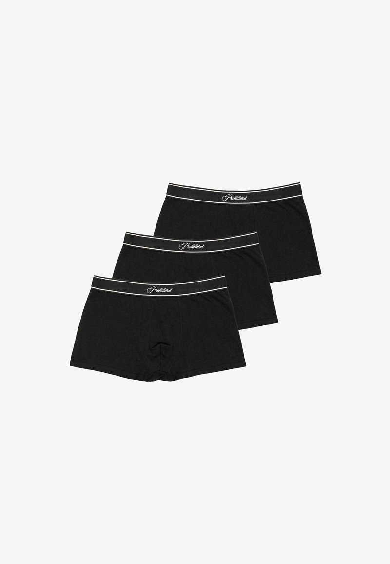 Ensemble de boxers en coton noir, présentant une ceinture élastique blanche avec un logo, une texture lisse et un design ajusté.