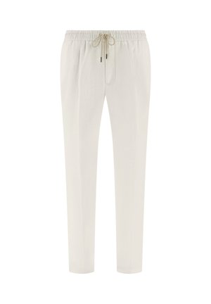 Pantalones casuales color crema con cintura elástica y cordón beige, corte recto y detalles mínimos.